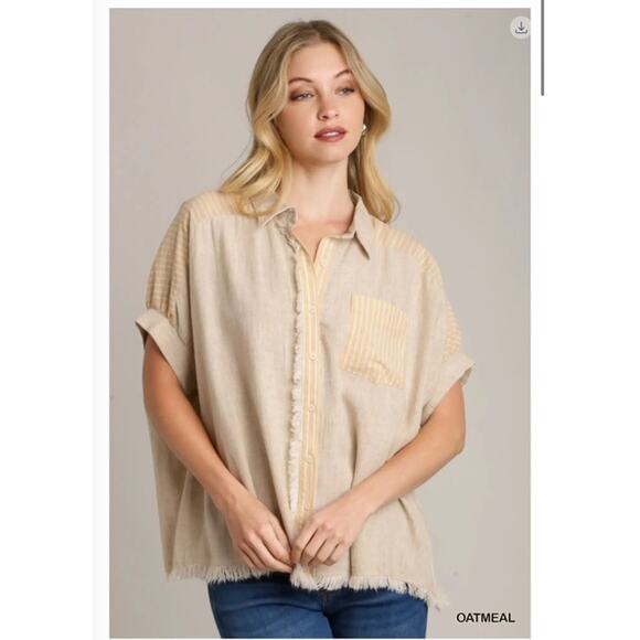 UMGEE - Linen Button Down Stripped Detail w/Chest Pocket & Unfinished Hem - Picture 2 of 3